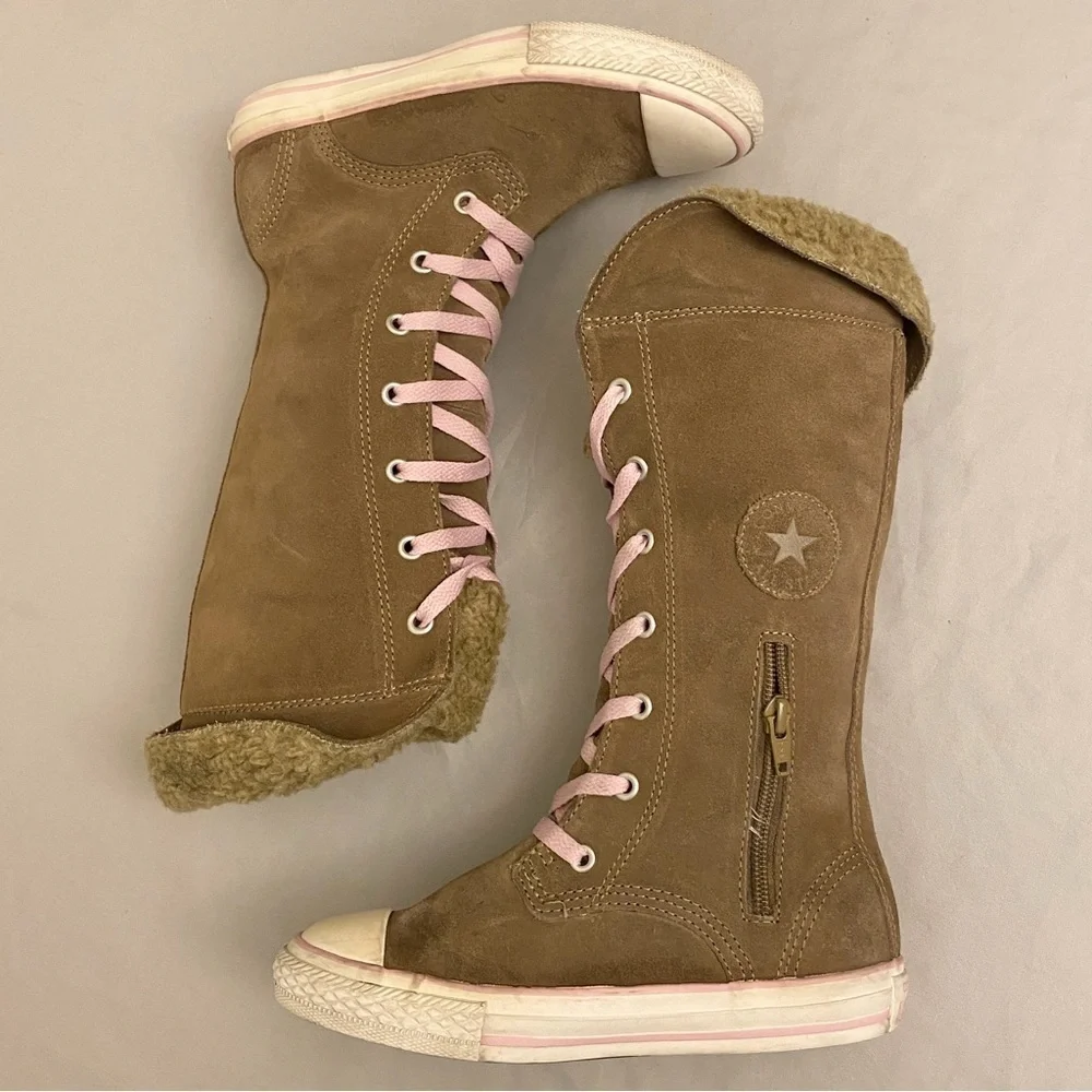 Converse Sharon Girls Youth Size 1 Tall Calf Sneakers Suede Beige Pink Shoes